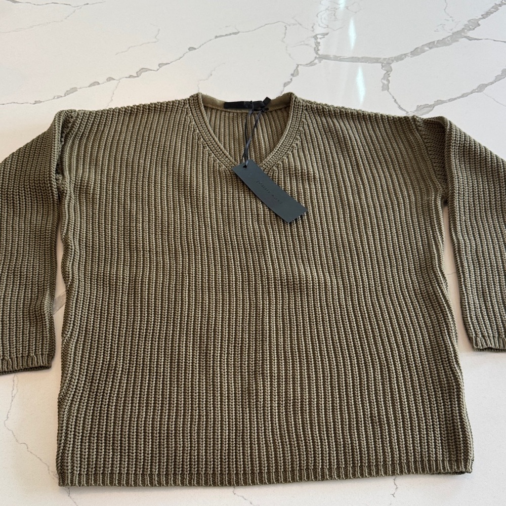 Jenni Kayne Olive Green V-Neck Ribbed Sweater